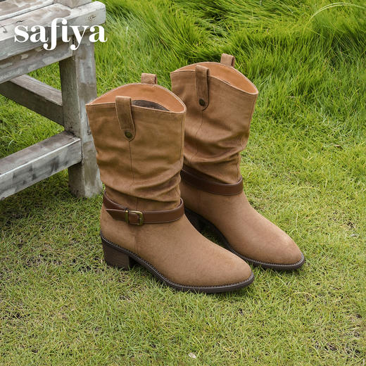 预售|Safiya/索菲娅2025秋冬皮带扣粗跟V口尖头显瘦高筒复古西部堆堆靴SFD4116410 商品图0