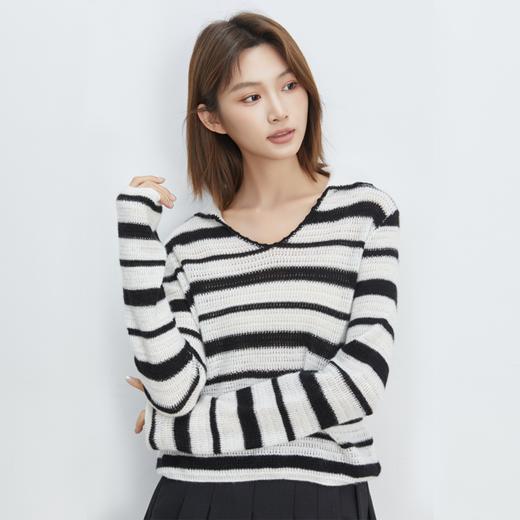 VogoPetite	V领条纹撞色长袖上衣100%山羊绒	BP132F1603 商品图1