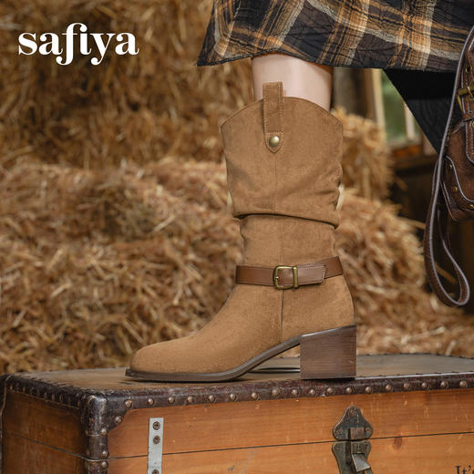 预售|Safiya/索菲娅2025秋冬皮带扣粗跟V口尖头显瘦高筒复古西部堆堆靴SFD4116410 商品图8