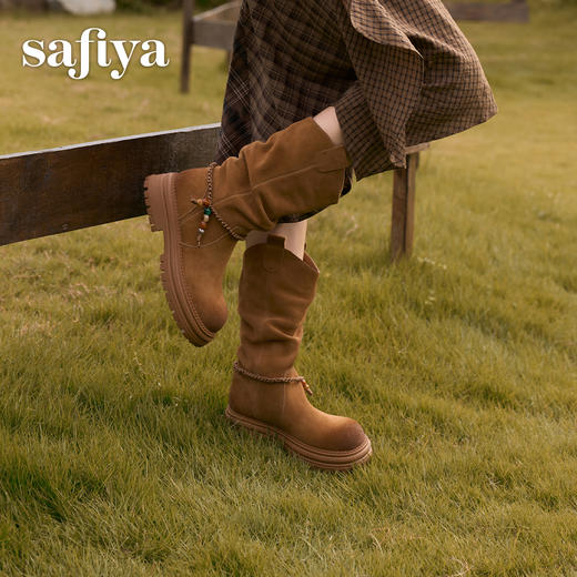 预售|Safiya/索菲娅2025美拉德真皮复古厚底百搭增高中筒西部堆堆靴SFD4116404 商品图3