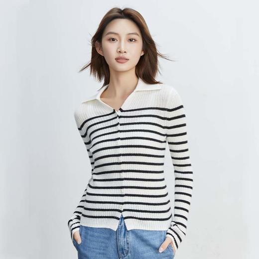 VogoPetite	黑白条纹POLO领开衫100%山羊绒	BP133F1602 商品图2
