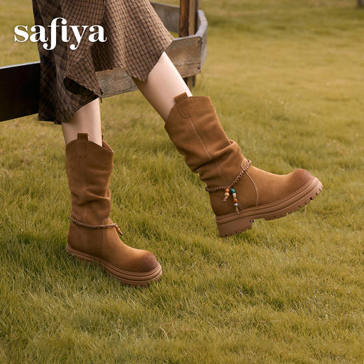 预售|Safiya/索菲娅2025美拉德真皮复古厚底百搭增高中筒西部堆堆靴SFD4116404 商品图5