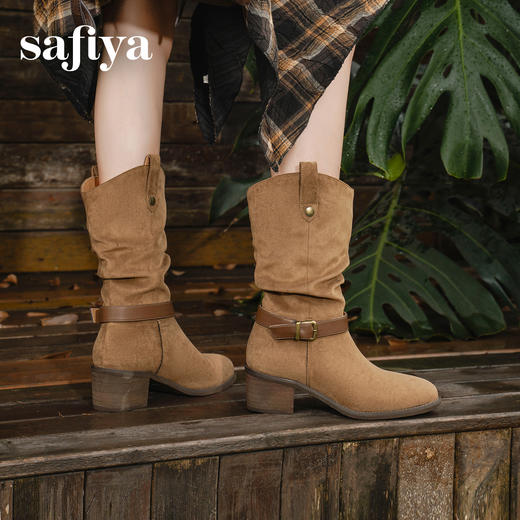 预售|Safiya/索菲娅2025秋冬皮带扣粗跟V口尖头显瘦高筒复古西部堆堆靴SFD4116410 商品图7