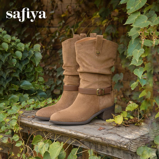 预售|Safiya/索菲娅2025秋冬皮带扣粗跟V口尖头显瘦高筒复古西部堆堆靴SFD4116410 商品图2