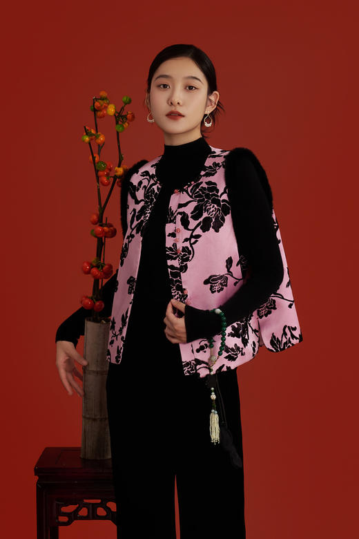荷言HEYEN 乌云珠 真丝漳绒拼接毛呢新中式高级定制马甲 商品图0