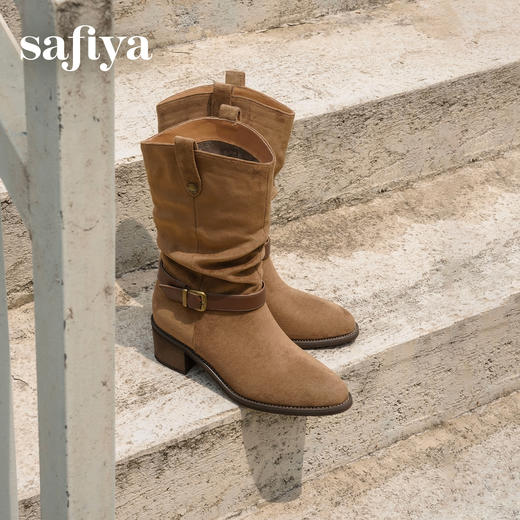预售|Safiya/索菲娅2025秋冬皮带扣粗跟V口尖头显瘦高筒复古西部堆堆靴SFD4116410 商品图1