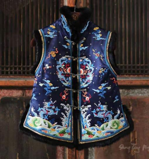 盛唐牡丹大师系列 | 真丝手绣水貂毛夹棉坎肩 商品图0