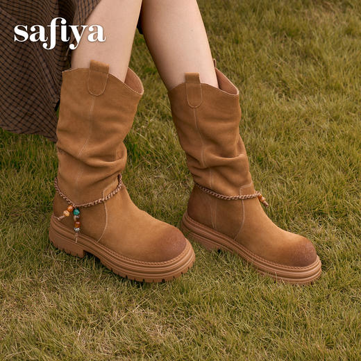 预售|Safiya/索菲娅2025美拉德真皮复古厚底百搭增高中筒西部堆堆靴SFD4116404 商品图2