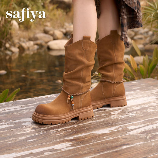 预售|Safiya/索菲娅2025美拉德真皮复古厚底百搭增高中筒西部堆堆靴SFD4116404 商品图0