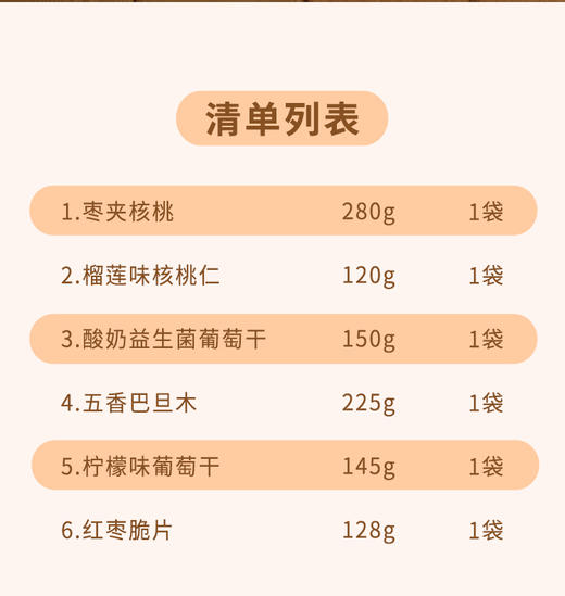 疆果乐好物疆来套餐B（商）
(枣夹核桃
榴莲味核桃仁
酸奶益生菌葡萄干
五香巴旦木
柠檬味葡萄干红枣脆片) 商品图2