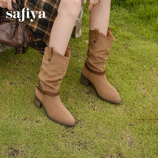 预售|Safiya/索菲娅2025秋冬皮带扣粗跟V口尖头显瘦高筒复古西部堆堆靴SFD4116410 商品图4