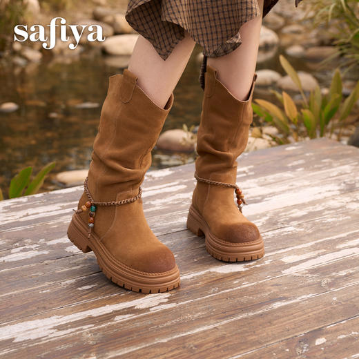 预售|Safiya/索菲娅2025美拉德真皮复古厚底百搭增高中筒西部堆堆靴SFD4116404 商品图4