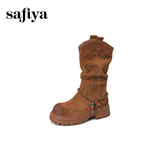 预售|Safiya/索菲娅2025美拉德真皮复古厚底百搭增高中筒西部堆堆靴SFD4116404 商品图6