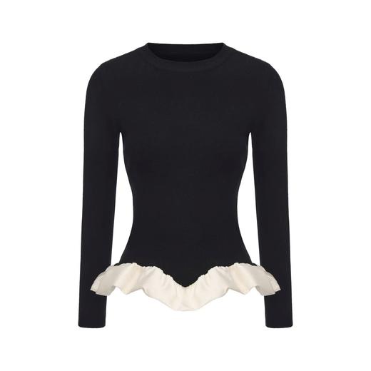 【弧光雕塑】下摆云朵环绕拼接圆领针织长袖上衣 商品图0