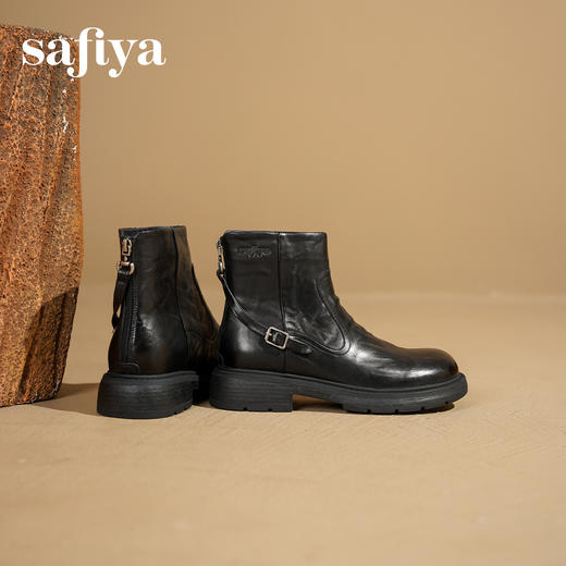 Safiya/索菲娅2025手抓纹牛皮粗跟百搭后拉链时尚通勤英伦短靴SFD4116235 商品图5