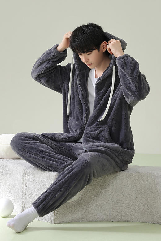 【换季出清】【软绵绵贵妃绒】自然醒「慵懒时光」男士纯色睡衣冬季珊瑚绒韩版连帽秋冬季可外穿家居服JLM 商品图11