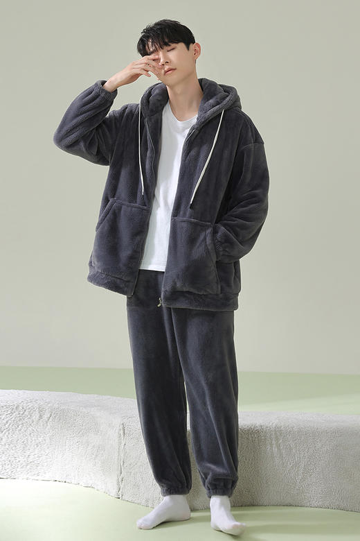 【换季出清】【软绵绵贵妃绒】自然醒「慵懒时光」男士纯色睡衣冬季珊瑚绒韩版连帽秋冬季可外穿家居服JLM 商品图10