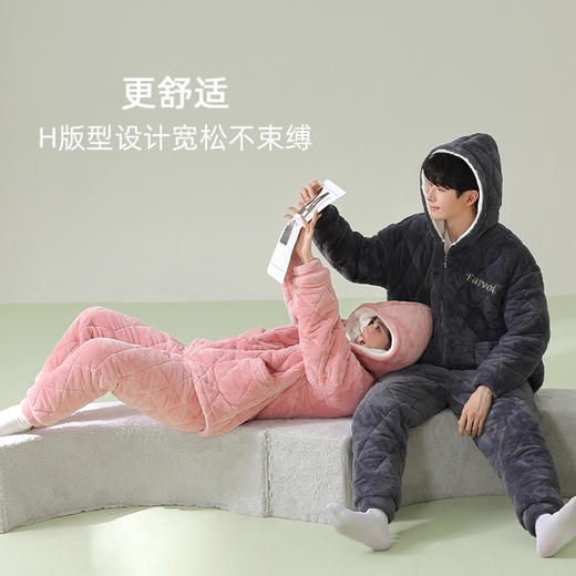 【换季出清】【夹棉暖衣】自然醒「怦然心动」贵妃绒三层加厚夹棉情侣睡衣冬季保暖珊瑚绒家居服女大码男士套装JLM 商品图7
