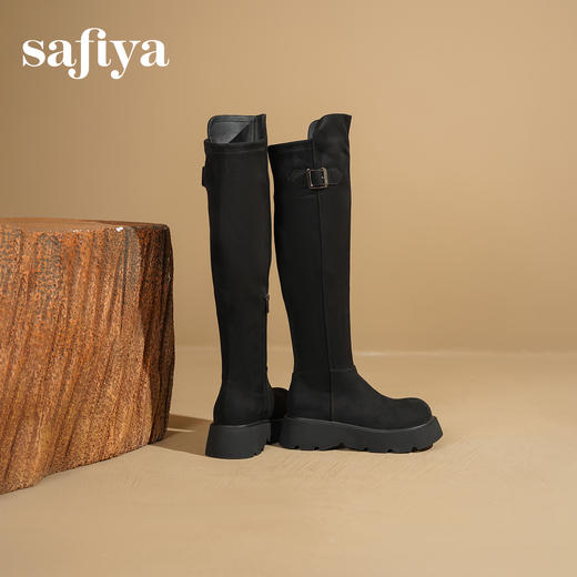 Safiya/索菲娅2025英伦风过膝不掉筒百搭粗跟增高弹力瘦瘦长靴SFD4117275 商品图4
