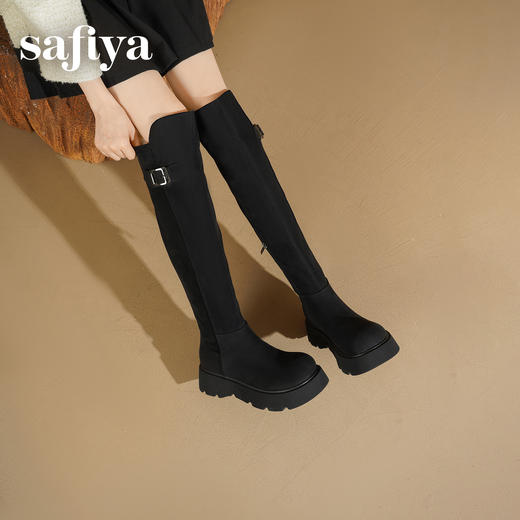 Safiya/索菲娅2025英伦风过膝不掉筒百搭粗跟增高弹力瘦瘦长靴SFD4117275 商品图10