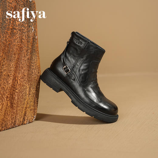 Safiya/索菲娅2025手抓纹牛皮粗跟百搭后拉链时尚通勤英伦短靴SFD4116235 商品图1