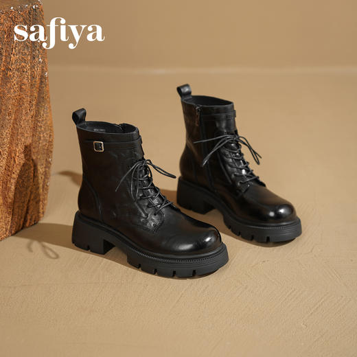 Safiya/索菲娅2025秋冬百搭圆头真皮头层牛皮厚底休闲粗跟显瘦英伦马丁靴SFD4116033 商品图7