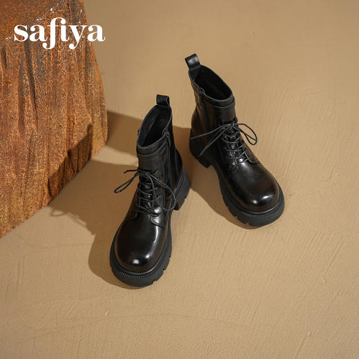 Safiya/索菲娅2025秋冬百搭圆头真皮头层牛皮厚底休闲粗跟显瘦英伦马丁靴SFD4116033 商品图2