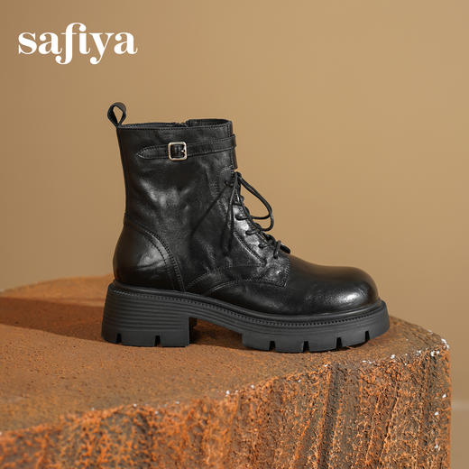 Safiya/索菲娅2025秋冬百搭圆头真皮头层牛皮厚底休闲粗跟显瘦英伦马丁靴SFD4116033 商品图3