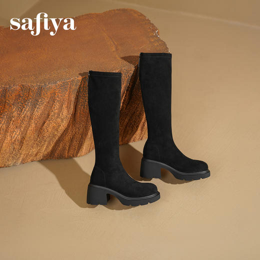 Safiya/索菲娅2025秋冬百搭粗高跟厚底不过膝弹力显瘦高筒长靴SFD4117242 商品图0