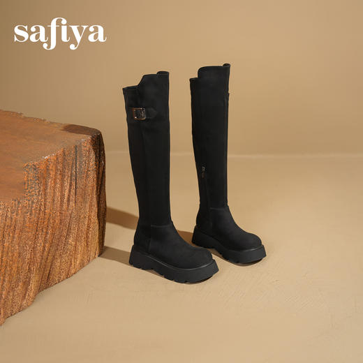Safiya/索菲娅2025英伦风过膝不掉筒百搭粗跟增高弹力瘦瘦长靴SFD4117275 商品图3