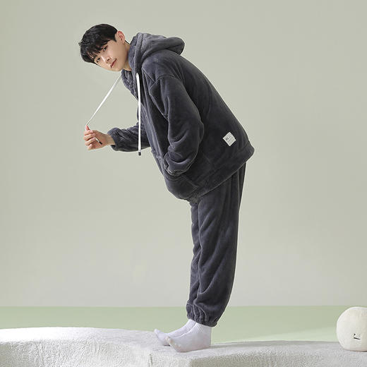 【换季出清】【软绵绵贵妃绒】自然醒「慵懒时光」男士纯色睡衣冬季珊瑚绒韩版连帽秋冬季可外穿家居服JLM 商品图4
