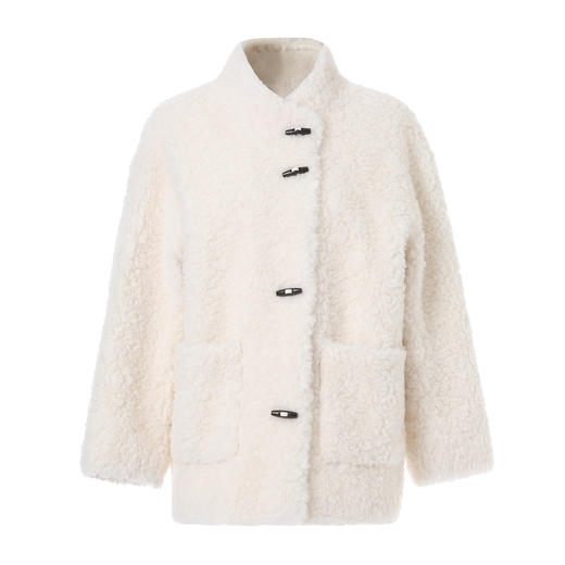 EITIE爱特爱立领宽松保暖颗粒绒牛角扣羊毛大衣外套冬季新款D2593923皮衣 商品图5