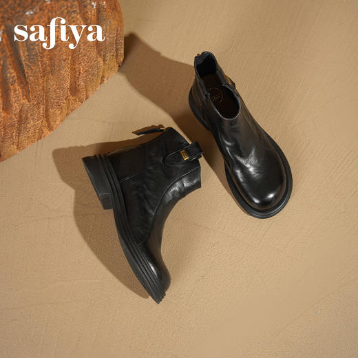 Safiya/索菲娅2025羊皮褶皱英伦风粗跟厚底百搭圆头显瘦短踝靴SFD4116013/SFD4118013 商品图4