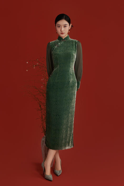 荷言GL 清幽 桑蚕丝丝绒长袖真襟旗袍拼接欧根纱袖子手工花篮扣 商品图2