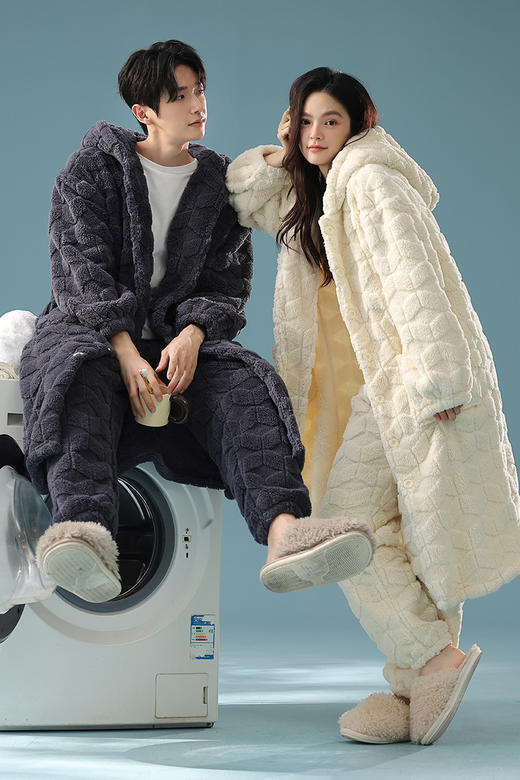 【换季出清】【提花贵妃绒】自然醒「半熟冬日」情侣睡衣冬季加厚长款睡袍套装休闲男女士加绒贵妃绒外穿家居服冬JLM 商品图7