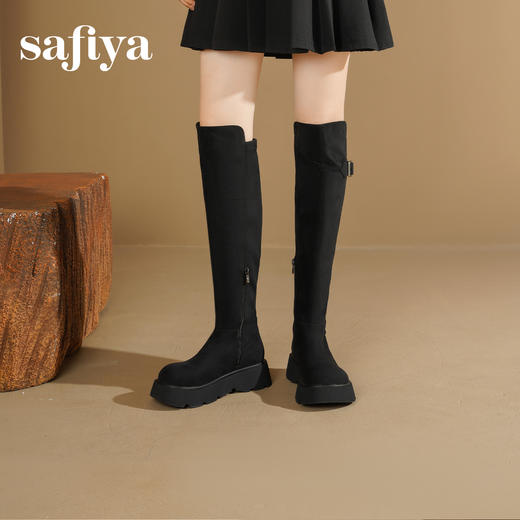 Safiya/索菲娅2025英伦风过膝不掉筒百搭粗跟增高弹力瘦瘦长靴SFD4117275 商品图5