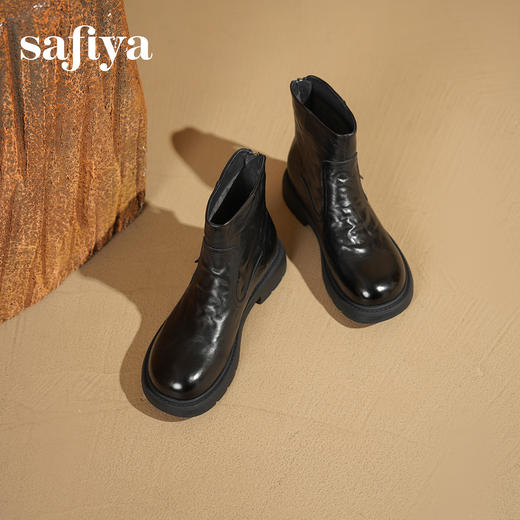 Safiya/索菲娅2025手抓纹牛皮粗跟百搭后拉链时尚通勤英伦短靴SFD4116235 商品图2