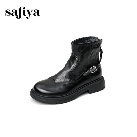 Safiya/索菲娅2025手抓纹牛皮粗跟百搭后拉链时尚通勤英伦短靴SFD4116235 商品图9