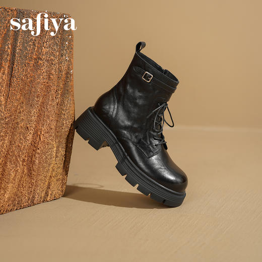 Safiya/索菲娅2025秋冬百搭圆头真皮头层牛皮厚底休闲粗跟显瘦英伦马丁靴SFD4116033 商品图1