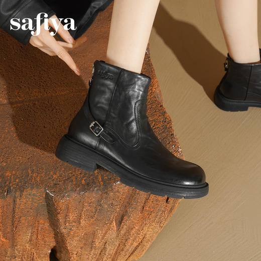 Safiya/索菲娅2025手抓纹牛皮粗跟百搭后拉链时尚通勤英伦短靴SFD4116235 商品图0
