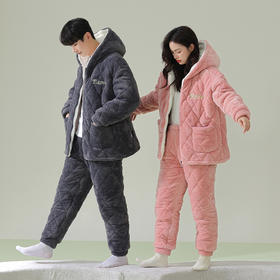 【换季出清】【夹棉暖衣】自然醒「怦然心动」贵妃绒三层加厚夹棉情侣睡衣冬季保暖珊瑚绒家居服女大码男士套装JLM