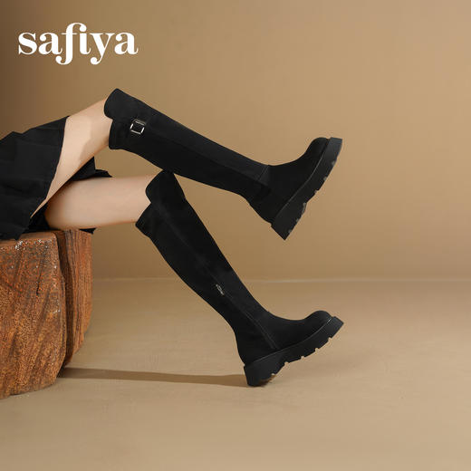 Safiya/索菲娅2025英伦风过膝不掉筒百搭粗跟增高弹力瘦瘦长靴SFD4117275 商品图9
