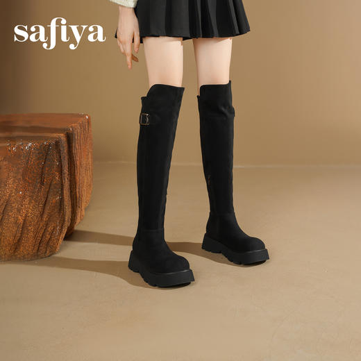 Safiya/索菲娅2025英伦风过膝不掉筒百搭粗跟增高弹力瘦瘦长靴SFD4117275 商品图7
