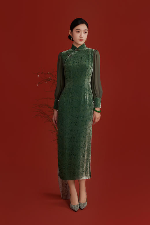 荷言GL 清幽 桑蚕丝丝绒长袖真襟旗袍拼接欧根纱袖子手工花篮扣 商品图1