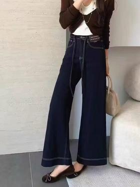 【牛仔裤】（小个子款）7758高弹力丹宁蓝腰绳牛仔裤直筒裤-喜出