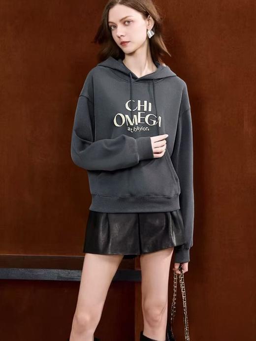 【卫衣系列】工艺系列-刺绣牙刷绣字母灰色短款连帽卫衣-喜出 商品图0