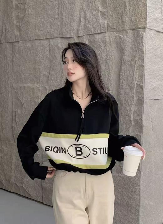 清货！！潮牌卫衣拼色半拉链下摆可抽绳宽松卫衣-喜出 商品图0