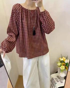 复古格子！！简约格子宽松喜带森系小衫-喜出