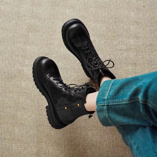 西村名物2025年冬季新款欧美复古厚底粗跟圆头短筒靴马丁靴X904341 商品图2