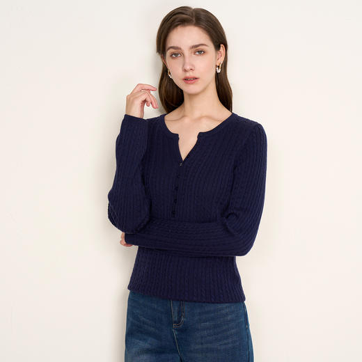 EITIE爱特爱复古绞花内搭打底显瘦简约毛衣V领羊毛衫秋季新款针织衫D2501913 商品图9